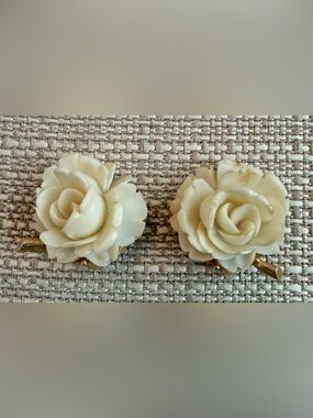 BSK white celluloid floral rose vintage clip on earrings made in Japan